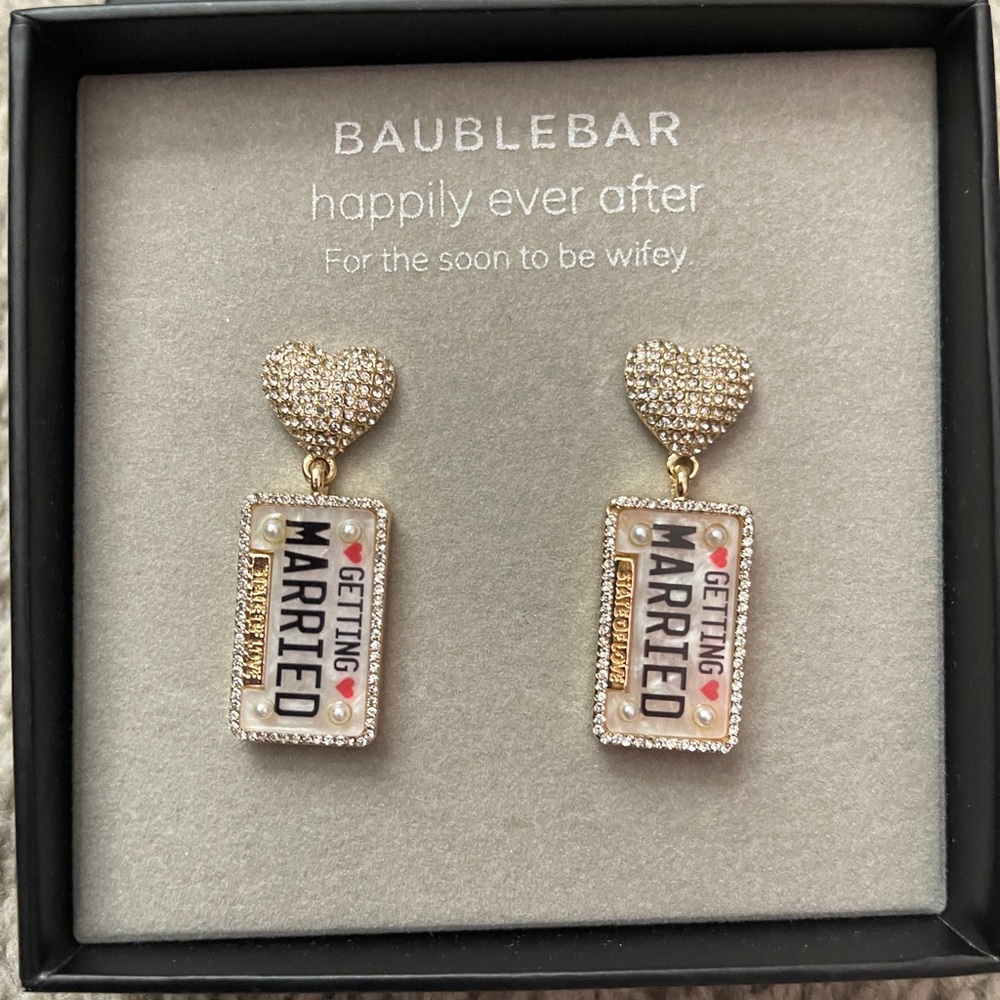 Just Married Pavé & Imitation Pearl Heart & License Plate Drop Earrings
